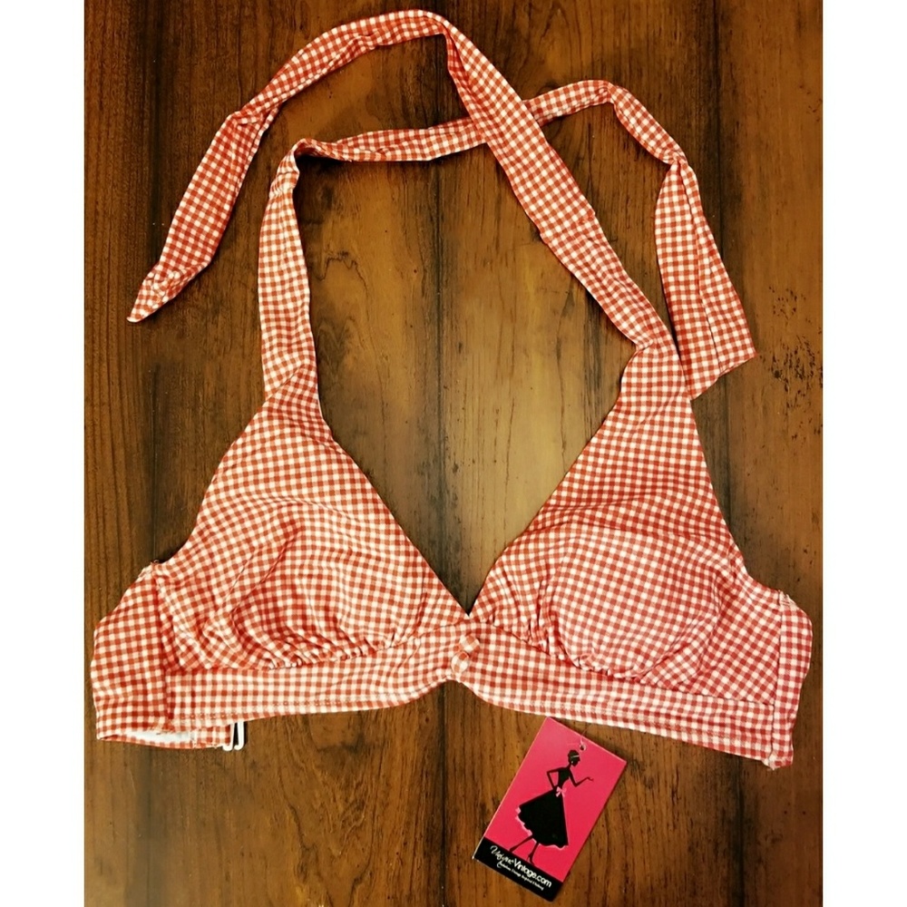 Unique Vintage Bikini Top Red White Gingham xs